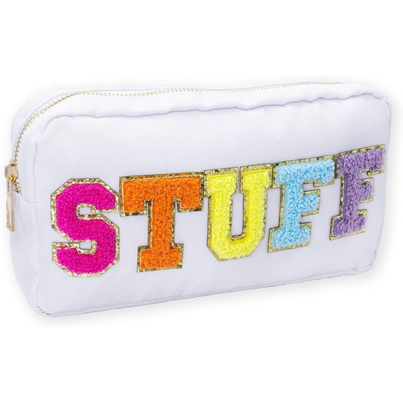 Preppy Stuff Bag, Chenille Varsity Letter Makeup Pouch, Nylon Care Zipper Patch Bags Organizer for Women, Travel Make Up Skincare Stocking Stuffers