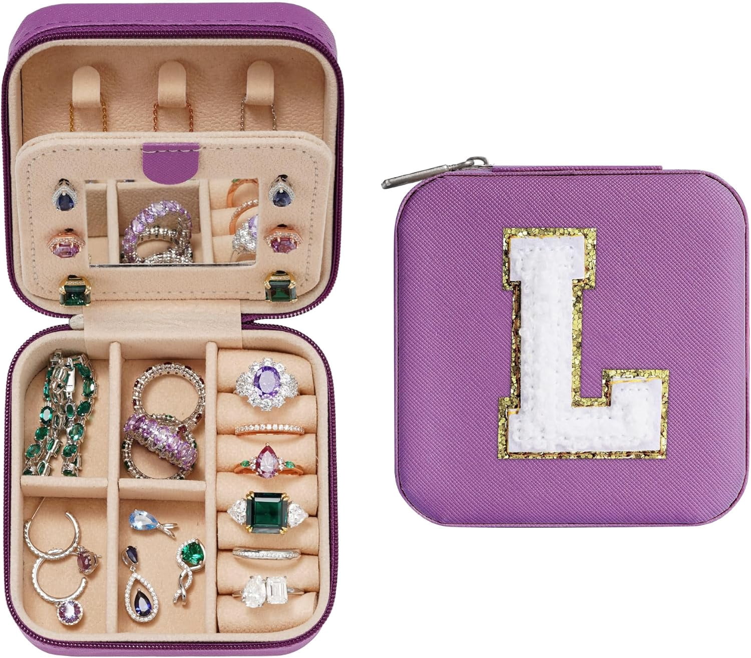 Preppy Stuff & Room Decor - Personalized Purple Travel Jewelry Case Jewelry Box For Girls Room | House Warming Gifts New Home | Birthday Gifts For Friends Travel Essentials - Letter L, Purpl[Z1]