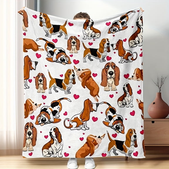 Preppy Style Basset Hound Dog Throw Blanket, Hypoallergenic Twill Weave, Machine Washable, Tear Resistant, Multipurpose All-Season Soft Comfortable Polyester Blanket for Sofa, Bed, Office, Camping