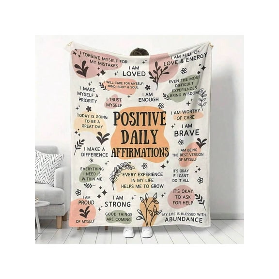 Preppy Style Flannel Blanket with Inspirational Affirmations, Digital Print Polyester Knit, Positive Gift for Women Mental Health Support, All Seasons 200-250 GSM