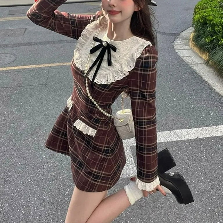 Preppy Style Mini Plaid Dress Women Vintage One Piece Dresses Y2k Jk Uniform Long Sleeve Tunic Princess Vestidos