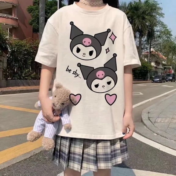 Preppy Style Versatile Japanese Sanrio Cute Kuromi Soft Girl Short Sleeve White T-shirt Student Y2k Tops Summer Women Clothes