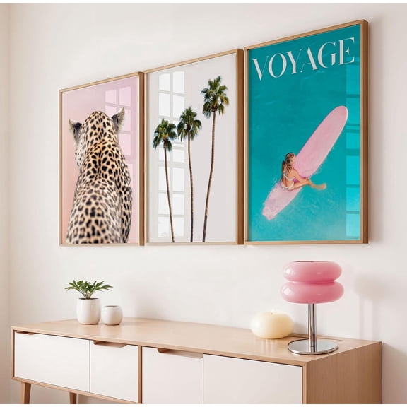 Preppy Summer Gallery Wall Art Leo.Pard Print Palm Trees Print Surf Girl Magazine Poster Coastal Beachy Wall Decor Set 3