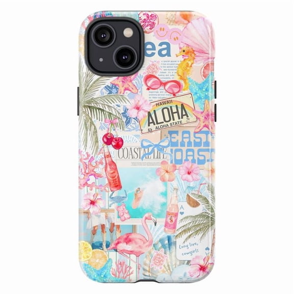 Preppy Summer Phone Case for iPhone 17 16 15 14 13 12 11 Pro Plus Mini, Cute Aloha Beach Collage Cover, Aesthetic Tropical Flamingo