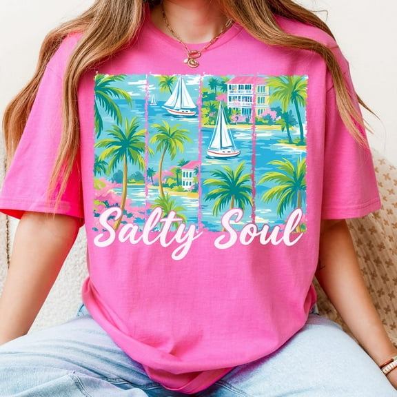 Preppy Summer Salty Soul T-Shirt, Pink Hot Beach Shirt, Beach Vibes Brushstroke Tee, Aesthetic Summer Shirt, Trendy Summer Tee, Funny Sarcastic Shirt