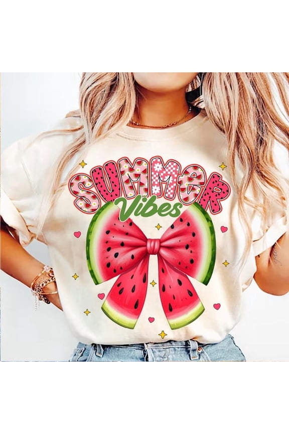 Preppy Summer Vibes T-Shirt, Watermelon Bow Shirt, Cute Summer Tee for Girls and Women