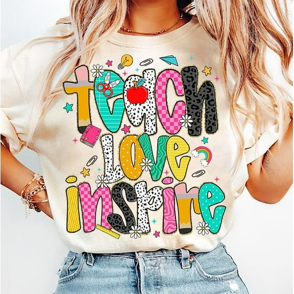 Preppy Teach Love Inspire T-Shirt, Preppy Teacher Pencil Shirt, Teacher Life Shirt, Checkered Shirt, Pencil Bow Leopard Teacher Shirt