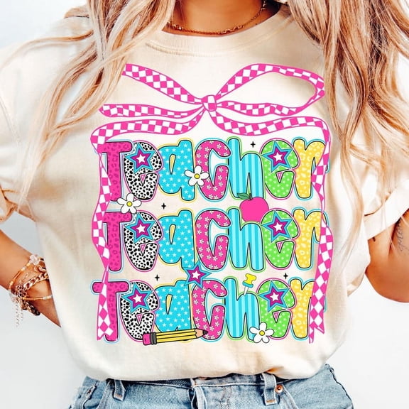 Preppy Teacher Coquette Bow T-Shirt, Teacher Summer Shirt, Last Day of School Tee, Teacher Life Shirt, Appreciation Gift Tee, Retro Teacher Shirt