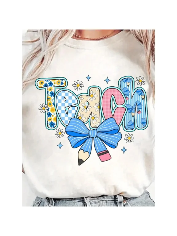 Preppy Teacher Floral Coquette Shirts, Teach Blue Floral Tee, Preppy Teacher Tops, Pencil Bow Teacher Checkered T-Shirts