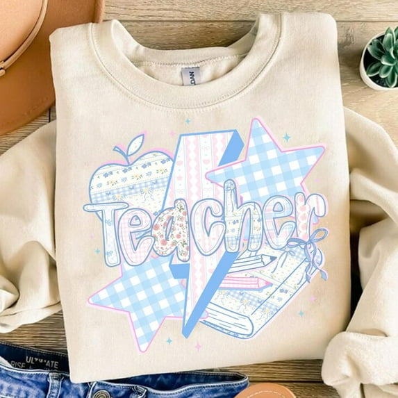 Preppy Teacher Floral Sweatshirt, Teach Love Inspire Crewneck, Retro Coquette Teacher Gift, Grandmillennial Style Pullover for Educators