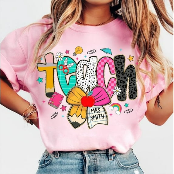 Preppy Teacher Pencil Coquette Bow Doodle T-Shirt, Teacher Name Shirt, Teach Love Inspire Tee, Checkered Leopard Teacher Gift