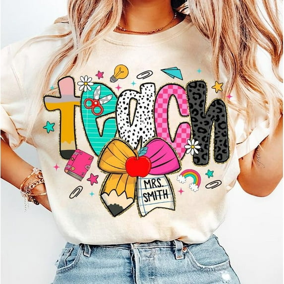 Preppy Teacher Pencil Coquette Bow T-shirt, Teacher T-shirt, Preppy Teach Love T-shirt, Checkered Leopard T-shirt.