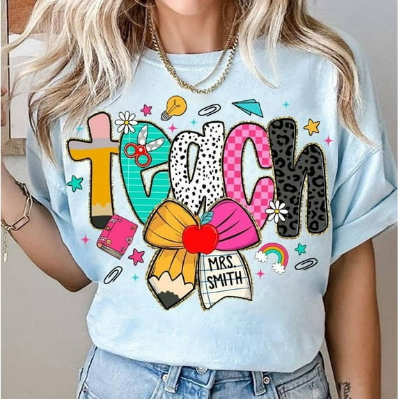 Preppy Teacher Pencil Coquette Bow T-shirt, Teacher T-shirt, Preppy Teach Love T-shirt, Checkered Leopard T-shirt.