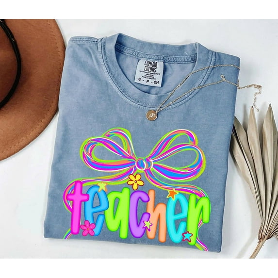 Preppy Teacher Shirt with Neon Bow – Comfort Colors Back to School Tee, Coquette Bow Teacher Top for First Day of School