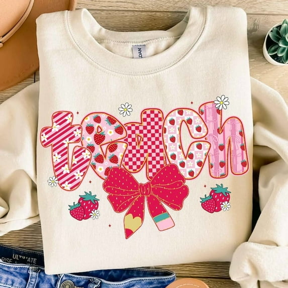 Preppy Teacher Strawberry Coquette Sweatshirt, Cute Strawberry Teacher Sweatshirt, Checkered Teacher Shirt Sweatshirt, Retro Teacher Sweatshirt for Shirt, Coquette Bow