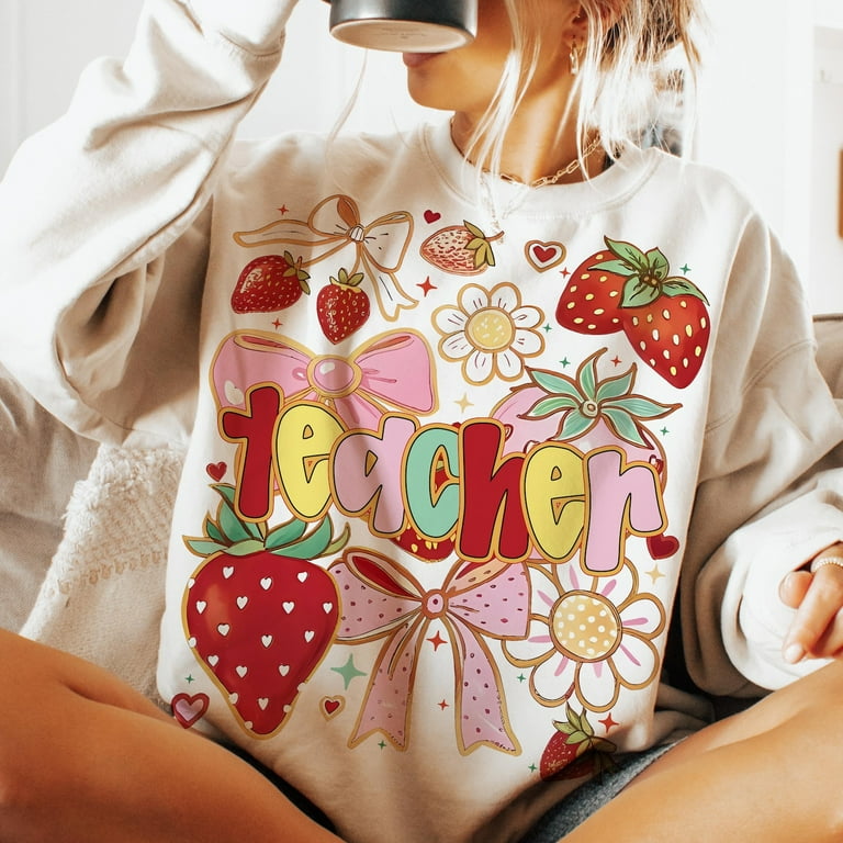 Preppy Teacher Strawberry Sweatshirt, Glitter Floral Pullover