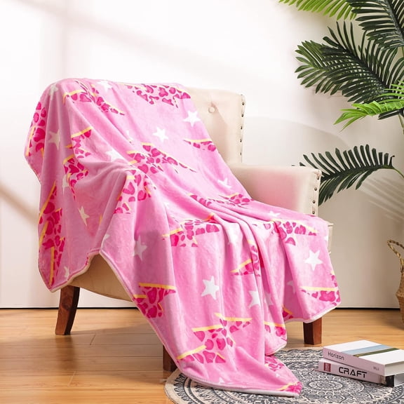 Preppy Throw Blanket Pink Smile Face Blanket Cute Flannel Soft Blanket Plush Fuzzy Pink Blanket Preppy Bedding Stuff for Dormitory Living Room 50" x 60"(Leopard Lightning)