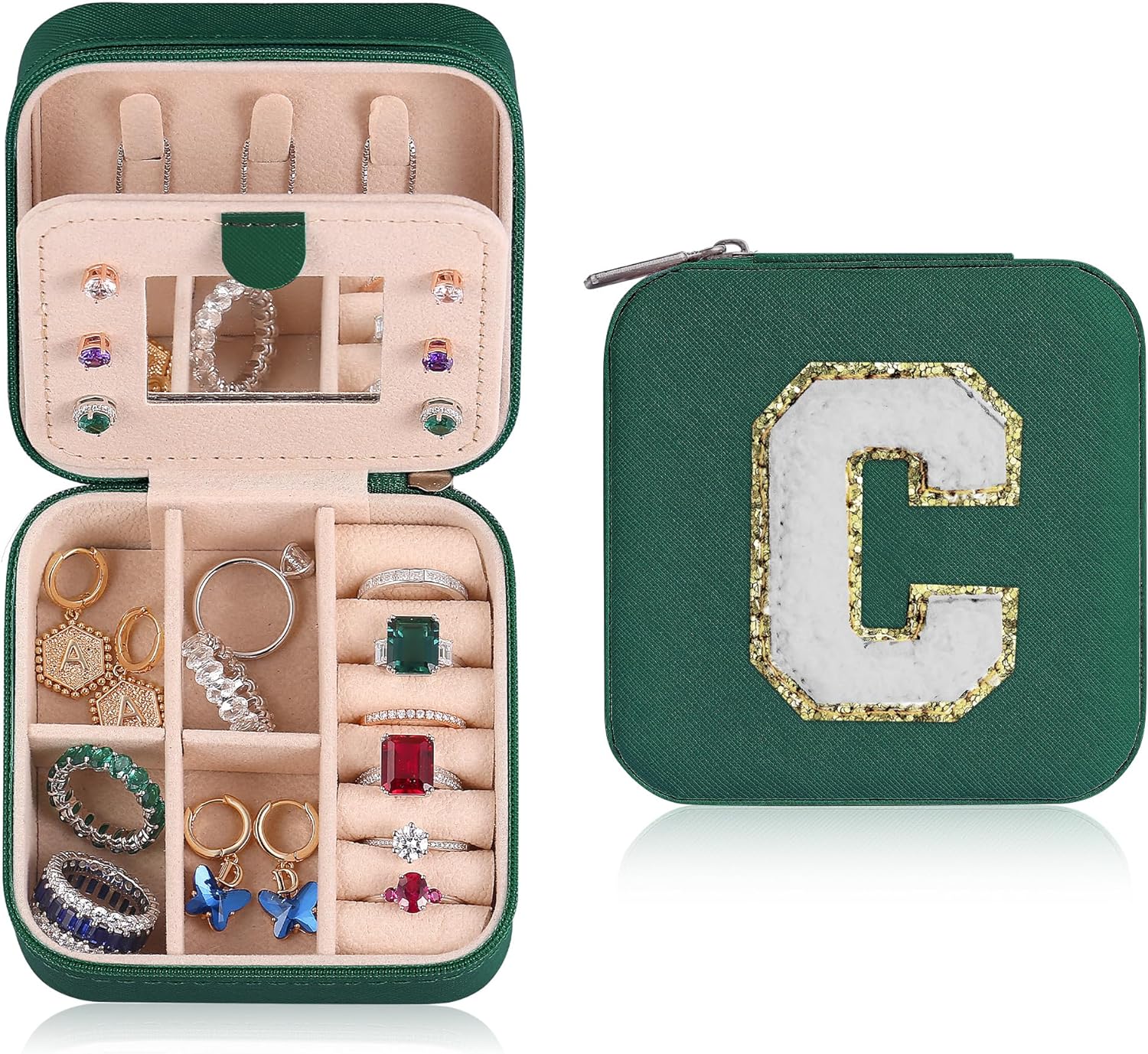 Preppy Travel Jewelry Box - Personalized Trendy Letter Jewelry Organizer Box For Girls, Travel Gifts For Teen Girls Trendy Stuff | Graduation Gifts For Girls Fashion - Letter C, Green[Z1]