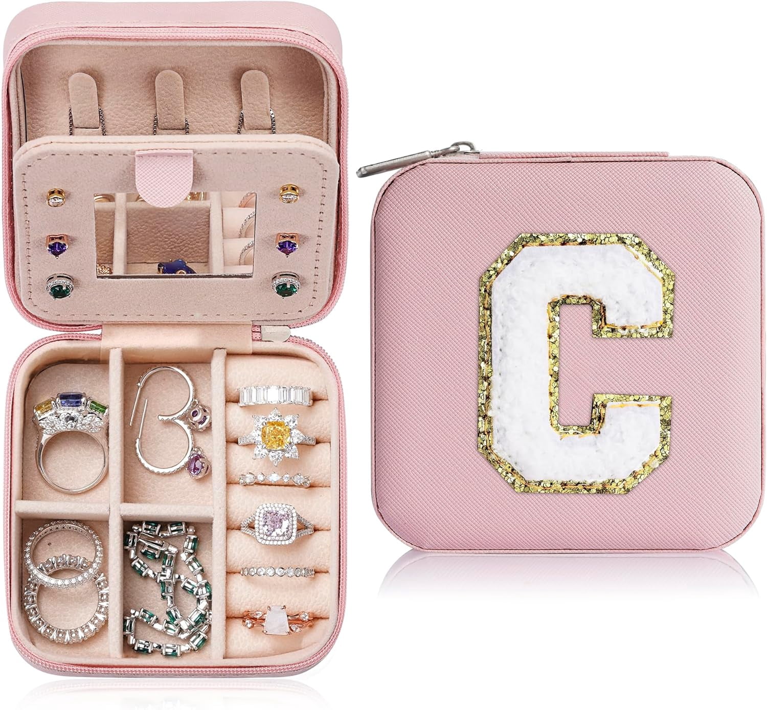 Preppy Travel Jewelry Box - Personalized Trendy Letter Jewelry Organizer Box For Girls, Travel Gifts For Teen Girls Trendy Stuff | Graduation Gifts For Girls Fashion - Letter C, Pink[Z1]