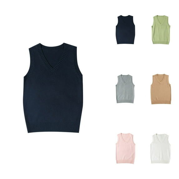 Preppy V-Neck Knitted Sweater Vest for Teen Girls – Women’s Sleeveless Solid Color Pullover Tank Top for School & Casual Wear