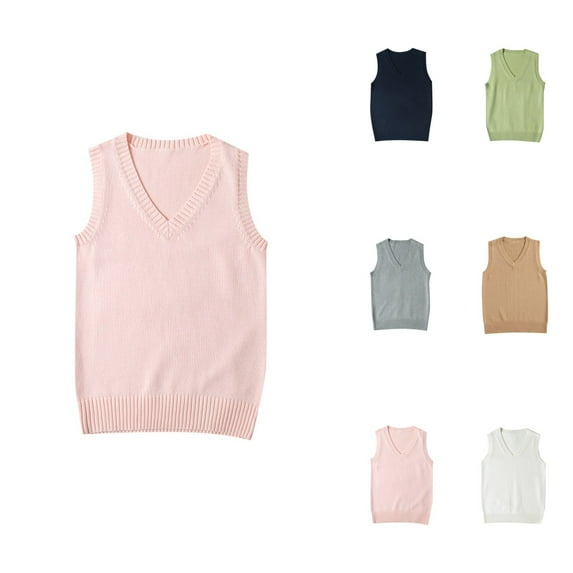 Preppy V-Neck Knitted Sweater Vest for Teen Girls – Women’s Sleeveless Solid Color Pullover Tank Top for School & Casual Wear