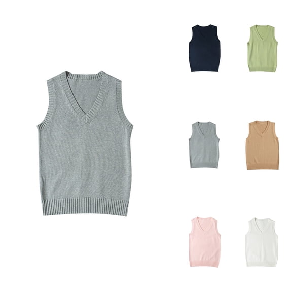 Preppy V-Neck Knitted Sweater Vest for Teen Girls – Women’s Sleeveless Solid Color Pullover Tank Top for School & Casual Wear