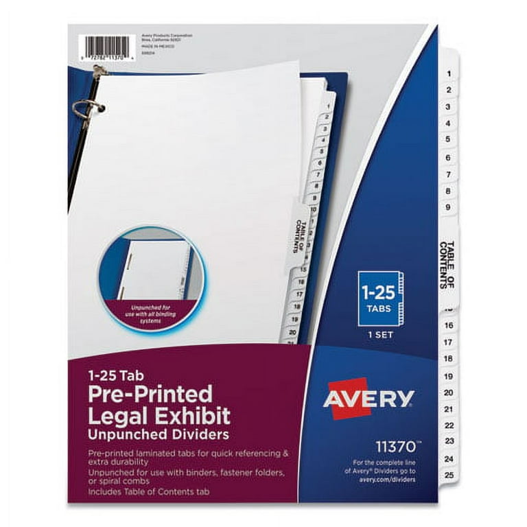 Preprinted Legal Exhibit Side Tab Index Dividers, Avery Style, 11-Tab, 1 to 10, 11 x 8.5, White, 1 Set Preprinted Legal Exhibit Side Tab Index Dividers, Avery Style, 11-Tab, 1 to 10, 11 x 8.5, White, 1 Set