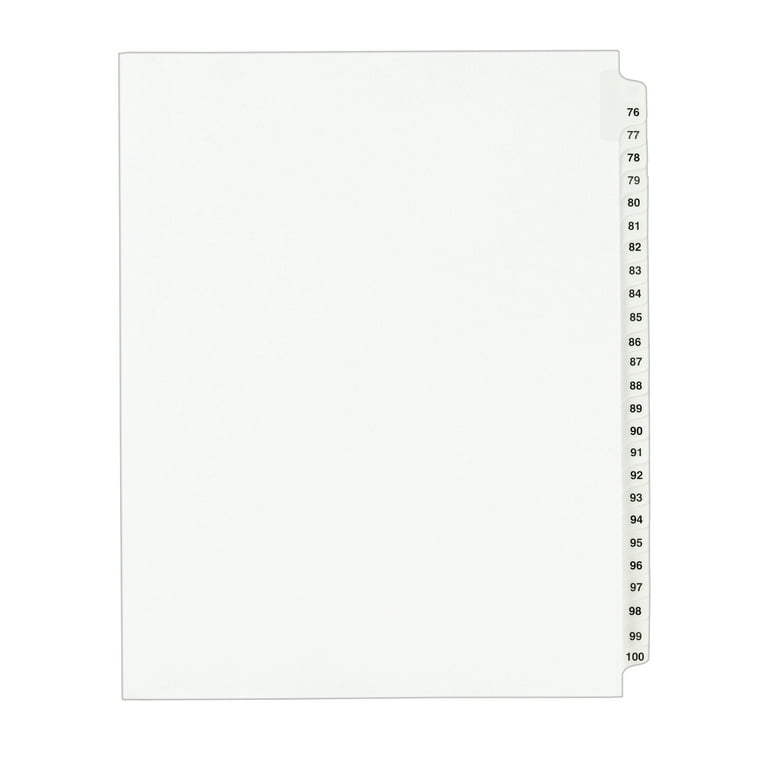 Preprinted Legal Exhibit Side Tab Index Dividers, Avery Style, 25-Tab, 76 to 100, 11 x 8.5, White, 1 Set, (1333)