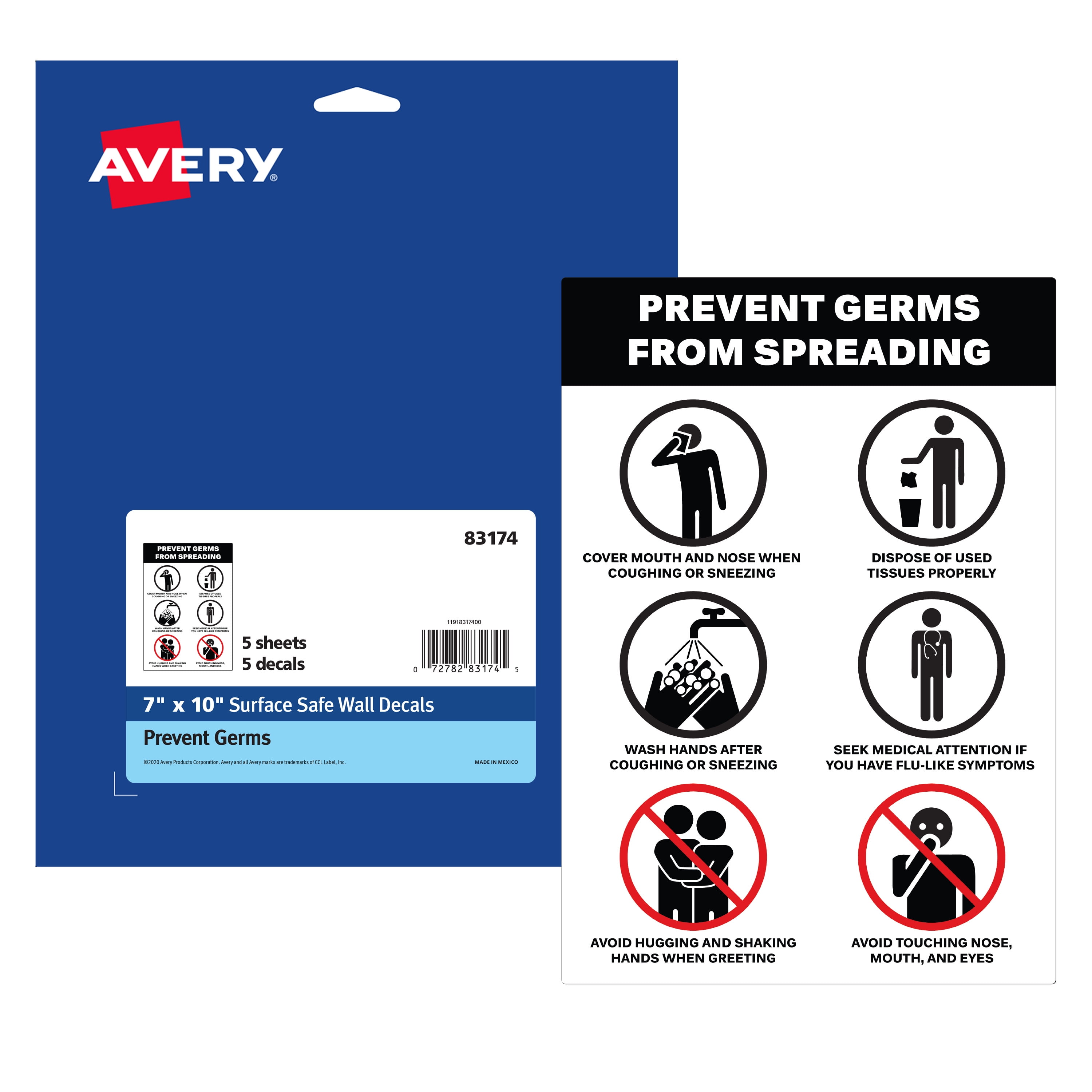 Preprinted Surface Safe Wall Decals, 7 x 10, Prevent Germs from Spreading, White/Black Face, Black Graphics, 5/Pack