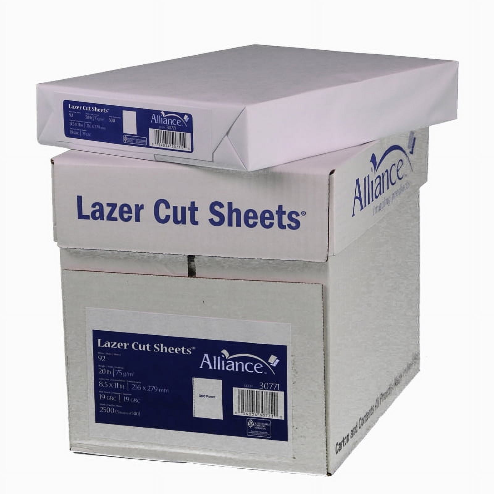 Prepunched Paper GBC 19 Hole Alliance Laser Cut Sheet 8.5 x 11 92 Bright 20lb, 2,500 Sheets | Case