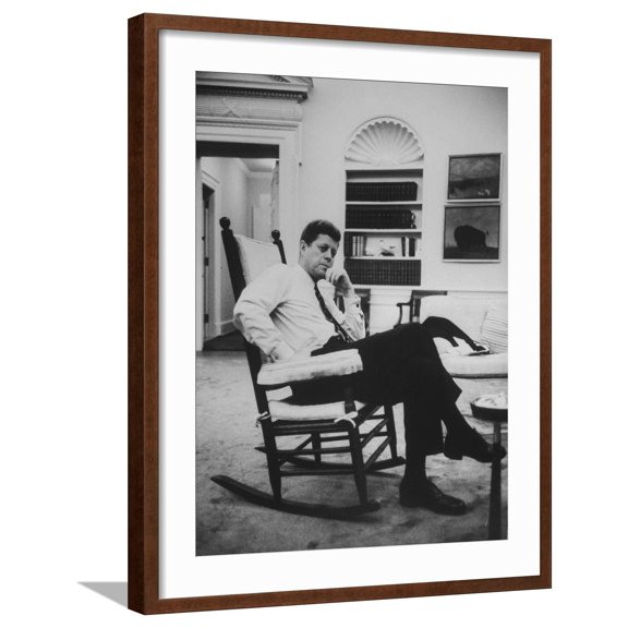 Art.com Pres. John F. Kennedy Sitting in Rocking Chair Photographic Print, Brown Frame Wall Art, 23" x 29"