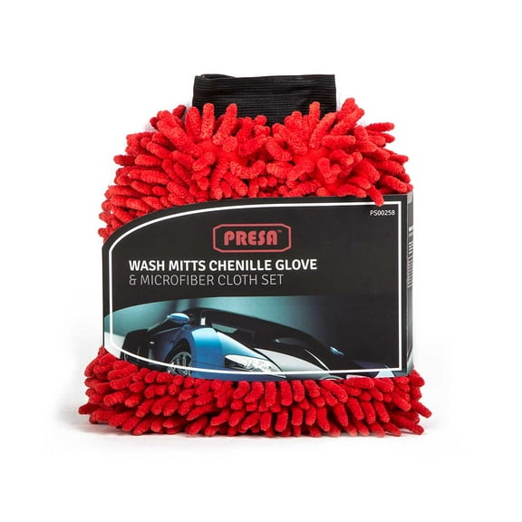 Presa Premium Chenille Microfiber Scratch-Free Car Wash Mitt and Microfiber Cloth, 3-Piece Set
