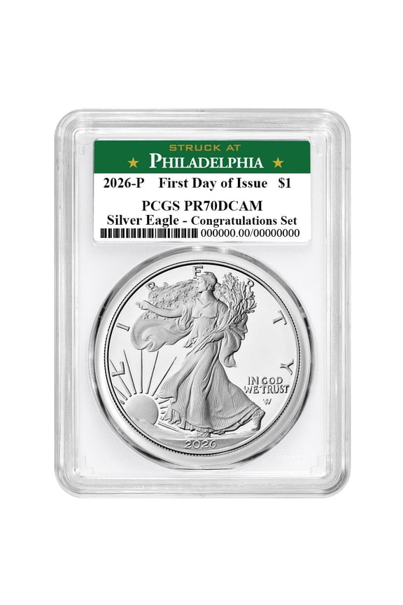 2026-P Proof $1 American Silver Eagle Congratulations Set PCGS PR70DCAM FDOI Philadelphia Label White Frame