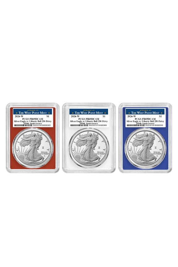 Presale - 2026-W Proof $1 American Silver Eagle 3pc Set PCGS PR69DCAM West Point Label Red White Blue