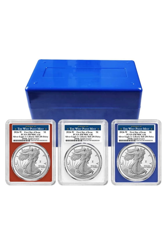 Presale - 2026-W Proof $1 American Silver Eagle 3pc Set PCGS PR70DCAM FDOI West Point Label Red White Blue