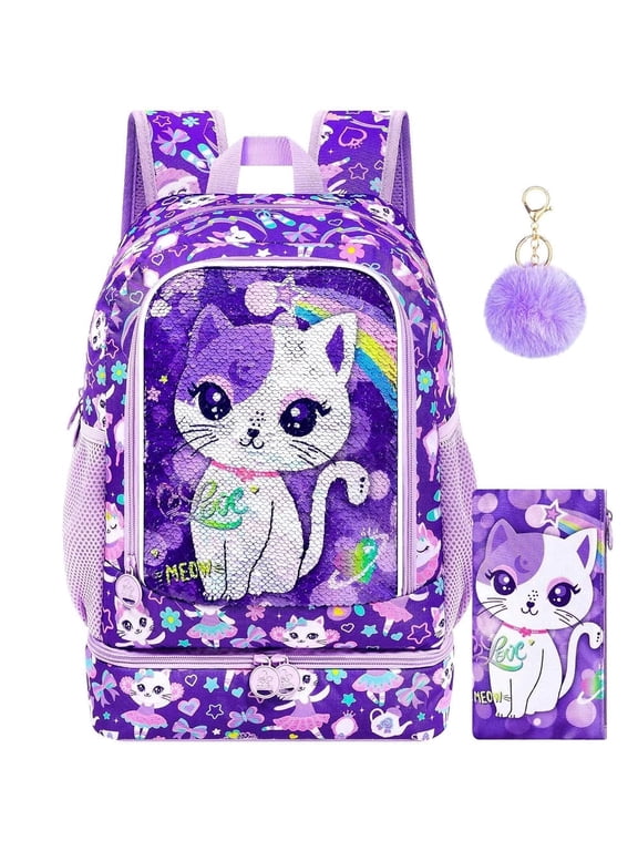 Preschool Backpack for Girls, 2-in-1 Kids Sequins Bookbag Set with Built-in Bottom Lunch Compartment, 17" Water-Resistant Cat School Bag for Elementary Toddler, Easy Carry!