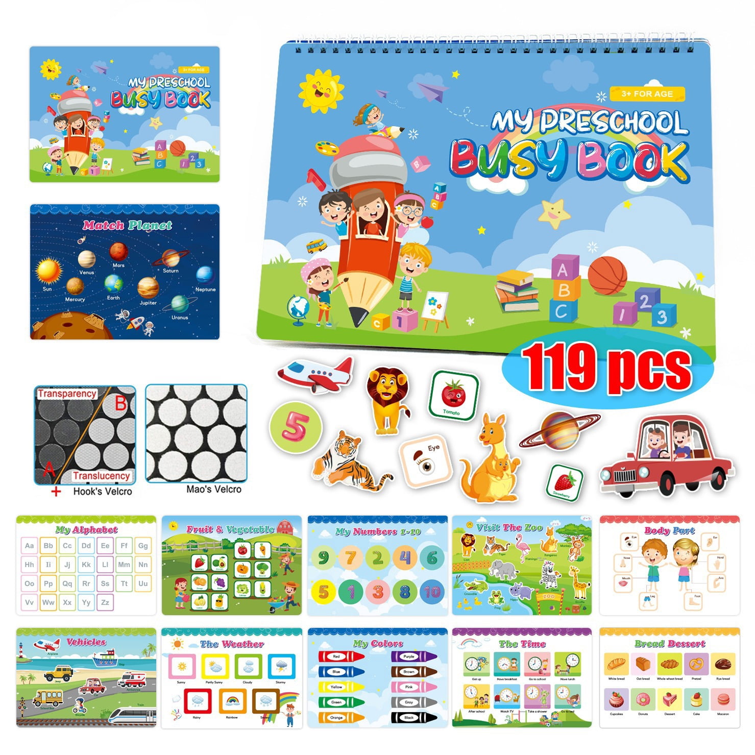 Preschool Busy Book for Toddlers 3 4 5 6 Years Old, Kindergarten Workbook Education Toy for Kids, Reusable Waterproof Quiet Book Activity Board Learning Gift for Kids Boys Girls