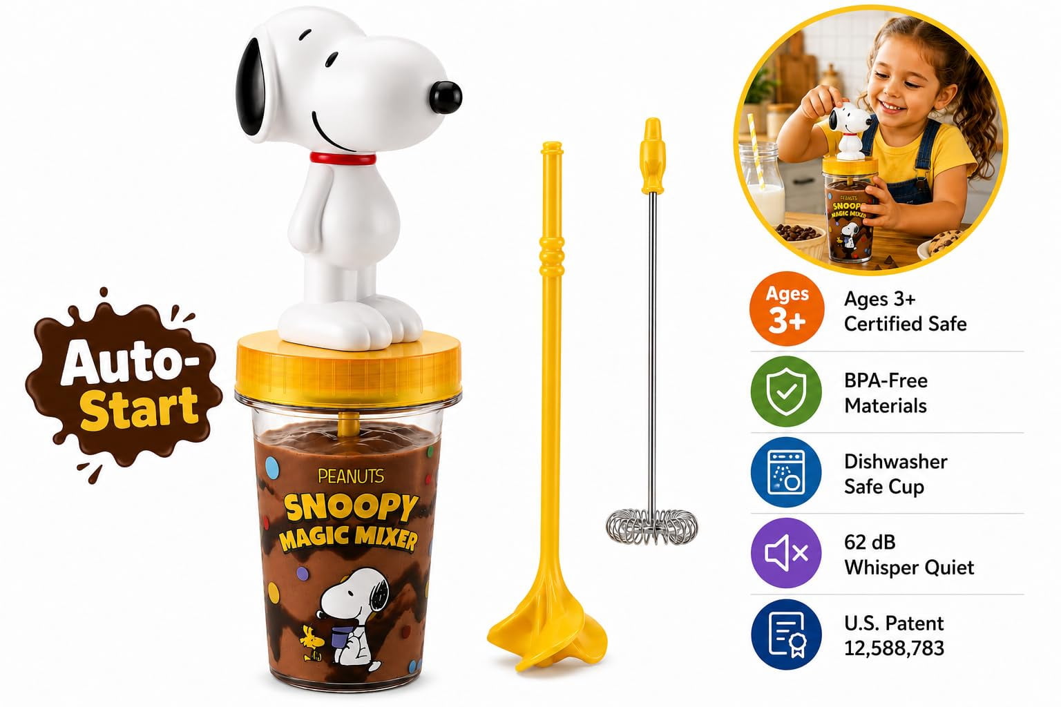 Peanuts Snoopy Magic Mixer® - Official Birthday Gift for Kids Ages 3-10 | Bladeless, Auto-Start, Hands-Free | Safe, Quiet, BPA-Free | Makes Chocolate Milk and Pudding.