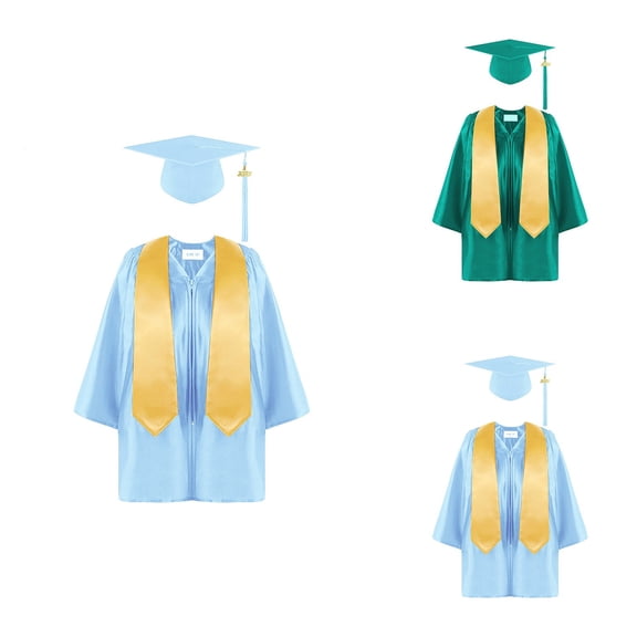 Preschool Kindergarten Graduation Gown Cap Set with Tassel, 2025 Year Charm, Printed Stole for Child Size Grad Gift