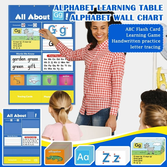 Preschool Learning Activities, Abc Chart for Wall for toddlers, 36X24 in, Letter Flash Cards, Teacher Supplies for Classroom, toddler Skill Building, Blue, 1 Set, 182 Card