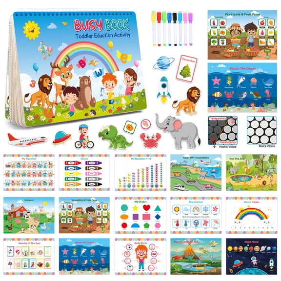 Preschool Montessori Busy Book for Kids - Language Sensory Toy, Busy Board, Alphabet Flashcards, Color Recognition, Counting Games, Farm Animals Matching, English & Spanish Version, Daily Life Themes