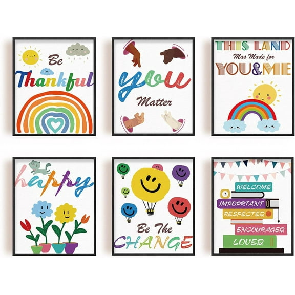 Preschool Poster Canvas Children's Motivational Texts Wall Art Poster Rainbow Hot Air Print Poster for Nursery Classroom Playroom Kindergarten Wall Decoration Unframed Set of 6 DIY