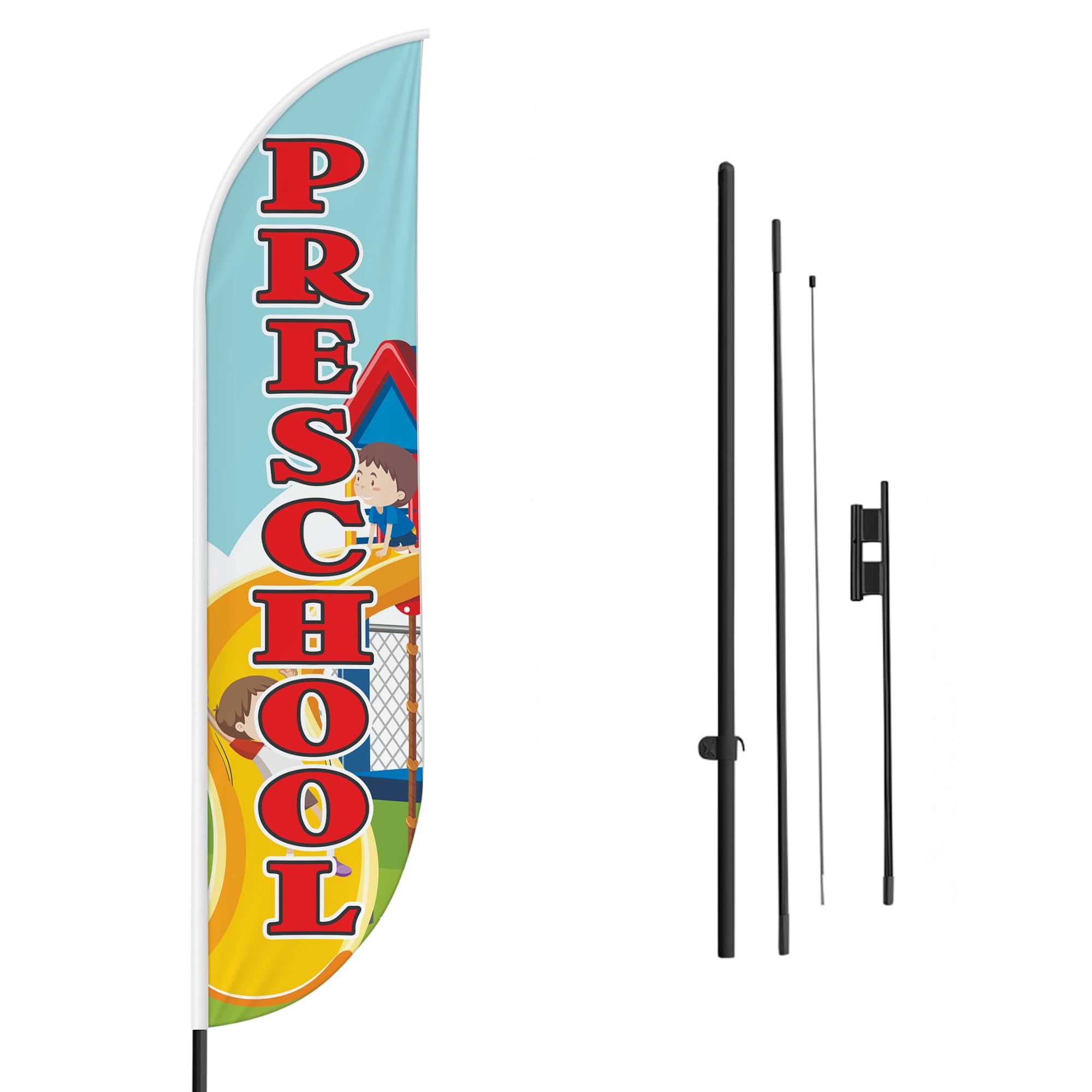 Preschool Sign feather flag Pole Mount for Outdoor by Mavis Print | 15 FEET Long Outdoor Banner Flag Mount for Easy Hang | HD Print Swooper Flag Stand forPreschool Advertising | Made in USA