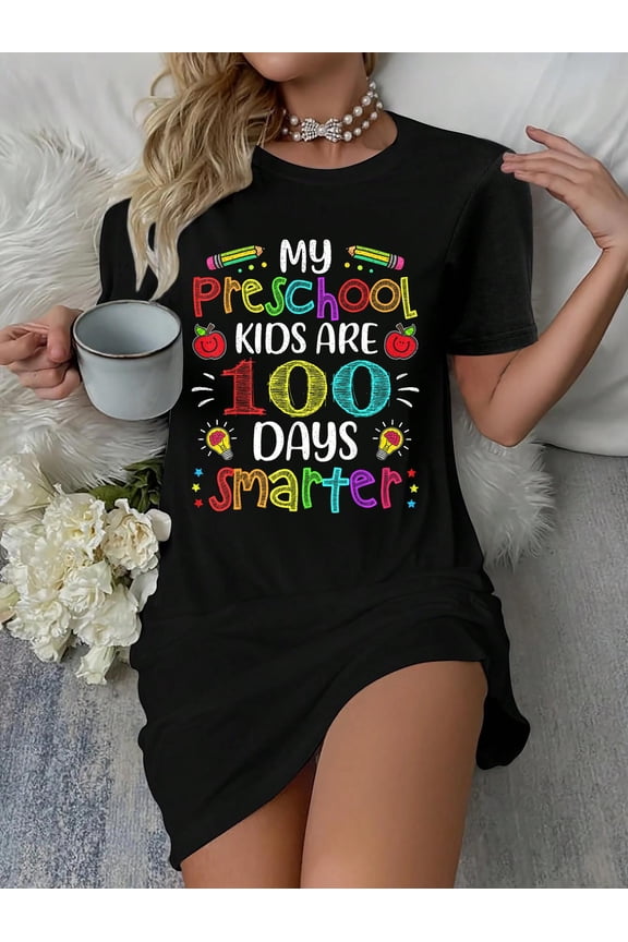 Preschool Teacher 100 Days Smarter 100th Day of School Gift T-Shirt Dress Casual Summer Dress Everyday Outfit