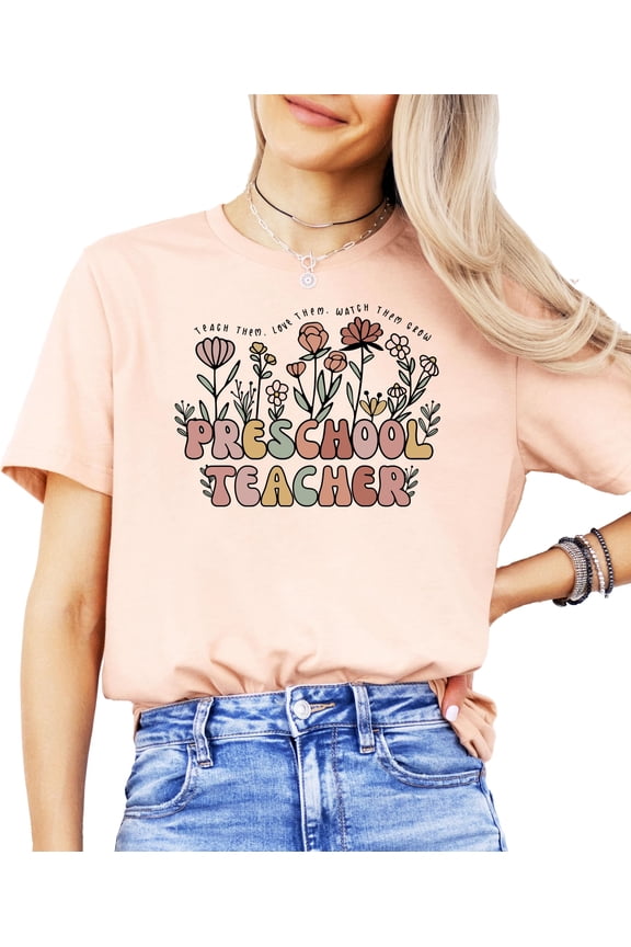 Preschool Teacher Shirt for Women Floral Teach Them Love Them Watch Them Grow Educator Tee Peach Shirt Adult 2XL