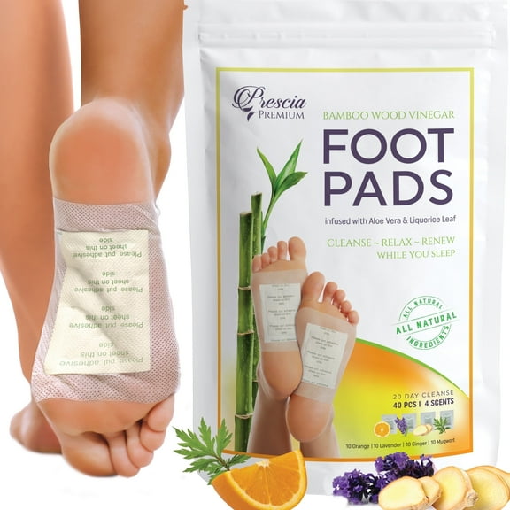 Prescia Deep Cleansing Detox Foot Pads - Natural Bamboo Aromatic Herbs - Ginger Lavender Mugwort Orange - 40 Count