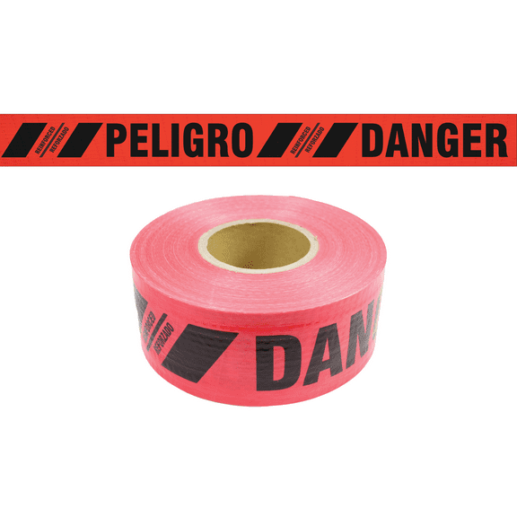 Reinforced Barricade Tape, 3 in x 500 ft, Danger/Peligro, Red