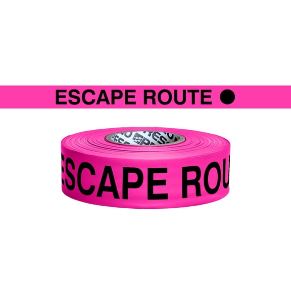 Presco Printed Roll Flagging Tape: 1-1/2 in x 50 yds. (Neon Pink with Black Dot Icon And "ESCAPE ROUTE" printing)