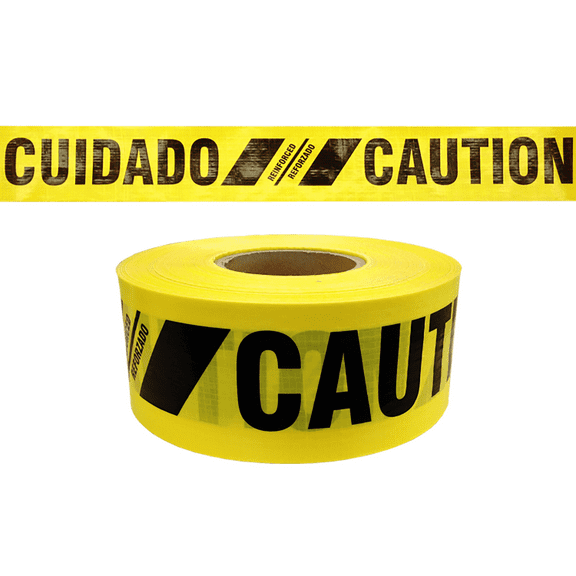 Reinforced Barricade Tape, 3 in x 500 ft, Caution/Cuidado, Yellow