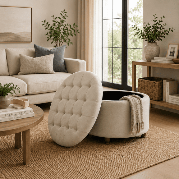 Prescott 28" Large Round Tufted Storage Ottoman with Lift Off Lid - Off-White